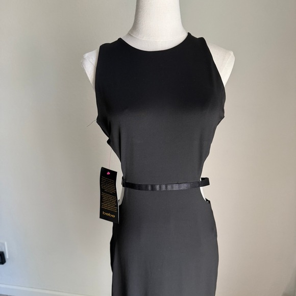 NWT Bebe Slinky Side Cut-Out Midi Dress Jet Black Sleeveless Evening Gown Medium - Picture 3 of 10